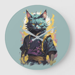 Grande Horloge Ronde Guerrier Chat Ninja Éclaboussure de Feu Cool Gris