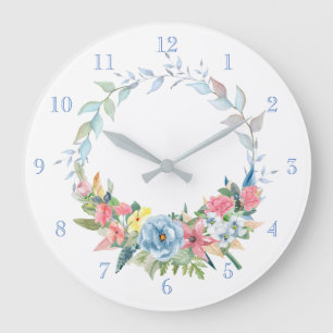 Grande Horloge Ronde Guirlande florale d'aquarelle assez en pastel