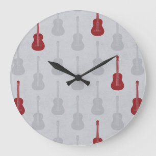 Grande Horloge Ronde Guitare acoustique grungeuse pois blancs rouges