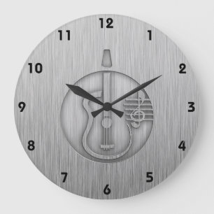 Grande Horloge Ronde Guitare acoustique ; Métal-regard balayé