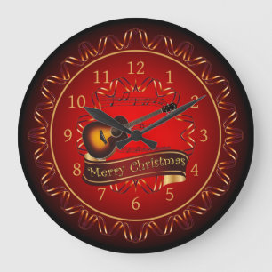 Grande Horloge Ronde Guitare, Joyeux Noël, Maron & Noir ~