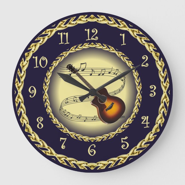 Grande Horloge Ronde Guitare ~ Scroll musical ~ Gold/Navy Blue ~ (Recto)
