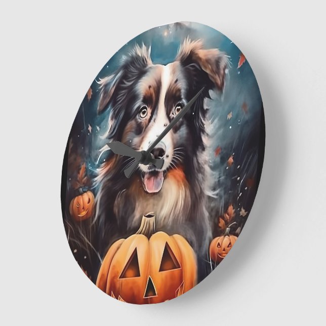 Grande Horloge Ronde Halloween Berger Australien Avec La Peur Citrouill (Angle)