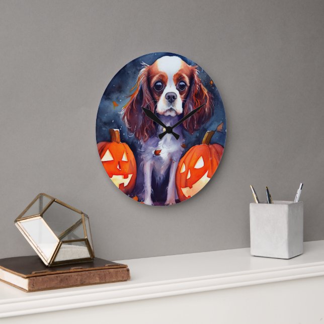 Grande Horloge Ronde Halloween Cavalier King Charles Citrouille espagno (Bureau)