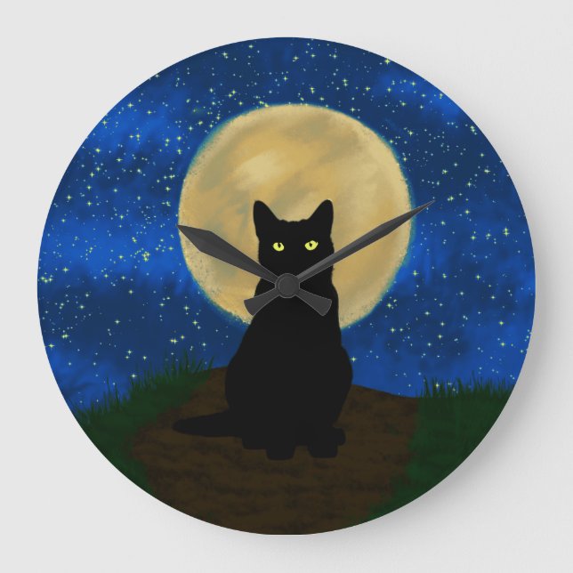 Grande Horloge Ronde Halloween Chat noir Silhouette Lune (Recto)