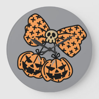 Grande Horloge Ronde Halloween, Double Citrouilles Effrayantes avec Rub