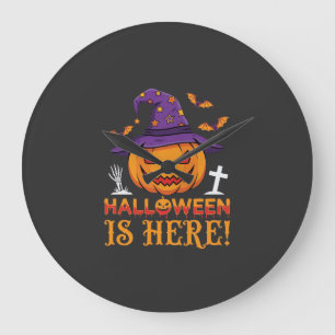 Grande Horloge Ronde Halloween Est Là Sorcière Citrouille Vecteur