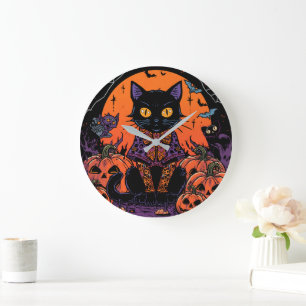 Grande Horloge Ronde Halloween,Le rôdeur du champ de citrouilles,Chat n