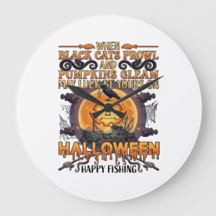 Grande Horloge Ronde Halloween Pêche Heureuse Chats Noirs Citrouilles C