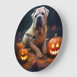 Grande Horloge Ronde Halloween Shar Pei avec citrouilles effrayant