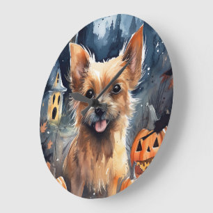 Grande Horloge Ronde Halloween Terrier Australien Avec Peur Citrouille
