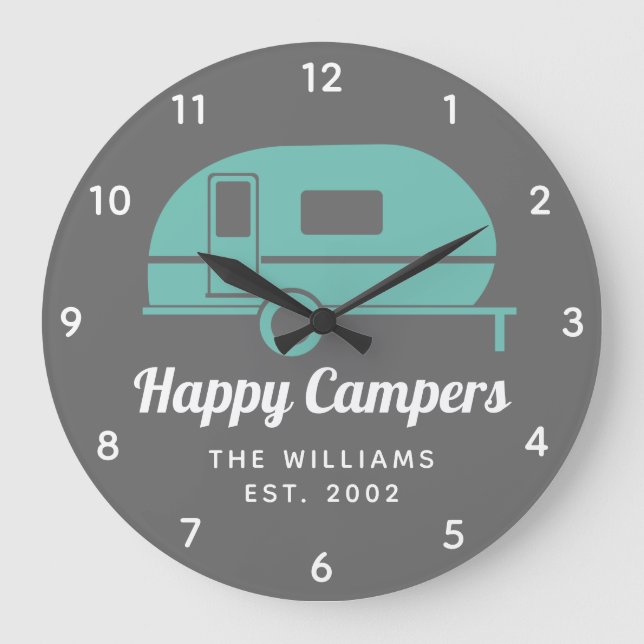 Grande Horloge Ronde Happy Campers Grey Camping Turquoise (Recto)