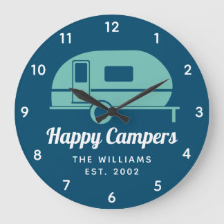 Grande Horloge Ronde Happy Campers Marine Camping Turquoise