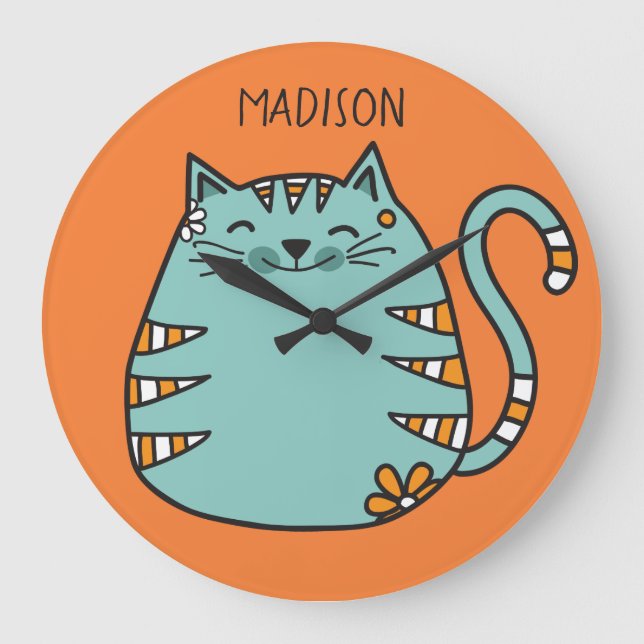 Grande Horloge Ronde Happy Cat custom name & color wall clock (Recto)
