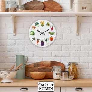 Grande Horloge Ronde Happy Colorful Crochet Collage de champignons végé