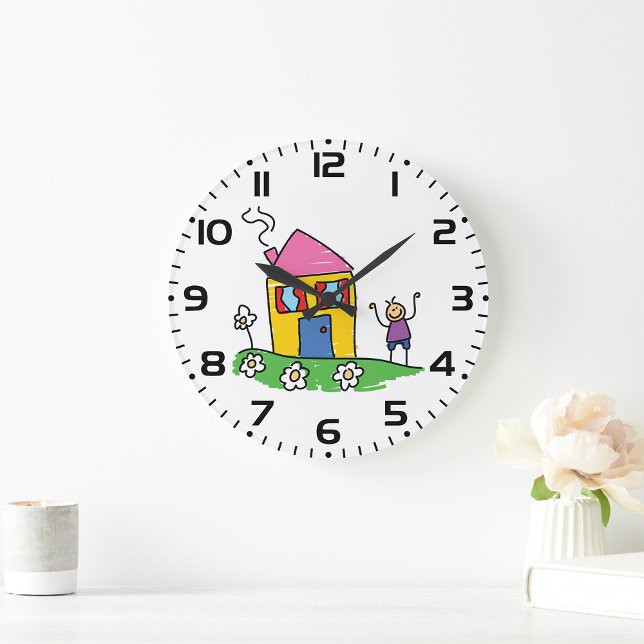 Grande Horloge Ronde Happy Home Colorful House et Stick Figure (Créateur téléchargé)
