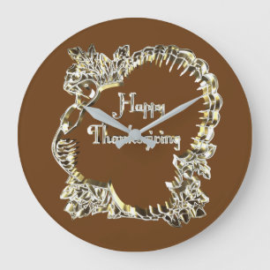 Grande Horloge Ronde Happy thanksgiving Typografy Golden Turkey