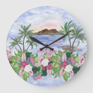 Grande Horloge Ronde Hawaiian Bliss : Motif d'aquarelle tropicale