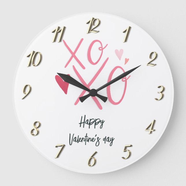Grande Horloge Ronde Heureuse Sainte-Valentin de coeur rose "XOXO" (Recto)