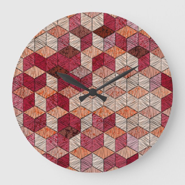 Grande Horloge Ronde Hexagons brodés : Patchwork Bohème Imprimer. (Recto)
