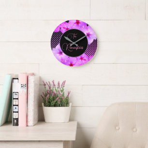 Grande Horloge Ronde Hibiscus rose chaud Nom de famille Keepsaké