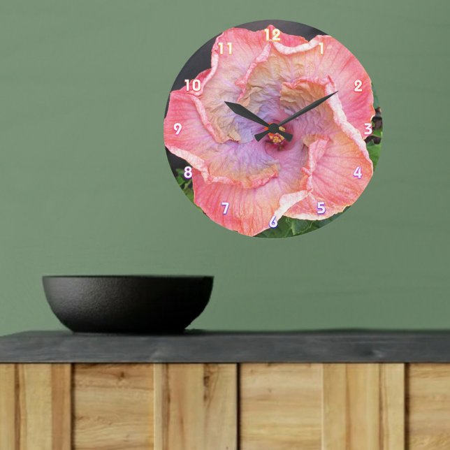 Grande Horloge Ronde Hibiscus rose et Lilac Blossom Floral Botanique (Créateur téléchargé)