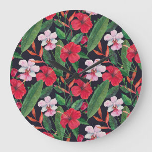 Grande Horloge Ronde hibiscus rouge, orchidées, aquarelle tropicale.