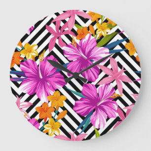 Grande Horloge Ronde Hibiscus tropical, feuilles de palmiers, géométriq