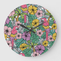 Hibiscus tropical, palmier, perroquets motif.