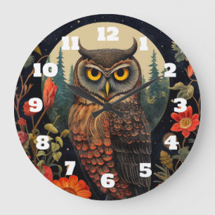 Grande Horloge Ronde Hibou la nuit avec une pleine lune