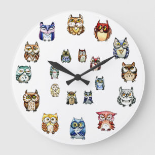 Grande Horloge Ronde Hiboux colorés