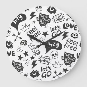 Grande Horloge Ronde Hippie noir et blanc : style Vintage