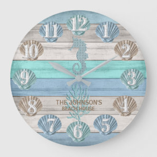 Grande Horloge Ronde Hippocampe et plage Bois nautique - Turquoise bleu