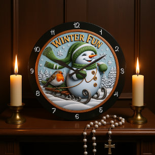 Grande Horloge Ronde Hiver amusant Snowman Sledding Robin