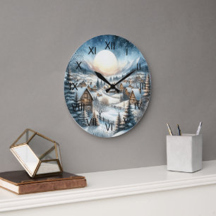 Grande Horloge Ronde Hiver Petites rues de ville Snowy Pleine lune Bleu