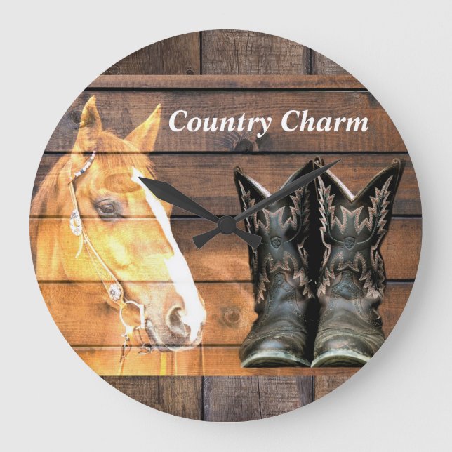 Grande Horloge Ronde Horse Cowboy Boots Rustic Barque (Recto)