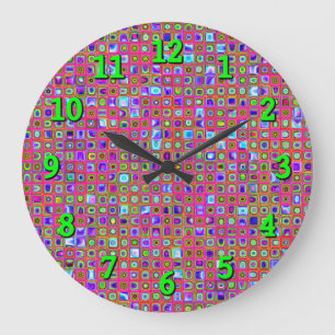 Grande Horloge Ronde Hot Pink, Green And Purple Funky Tiles Pattern