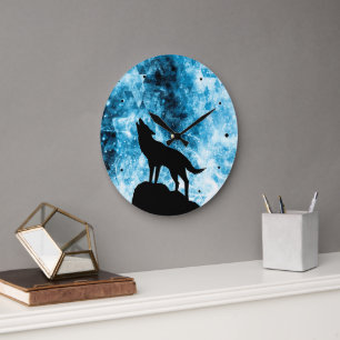 Grande Horloge Ronde Howling Wolf Hiver neige bleue fumée Abstraite