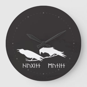Grande Horloge Ronde Huginn et Muninn Corbeaux Vikings Encre Norse