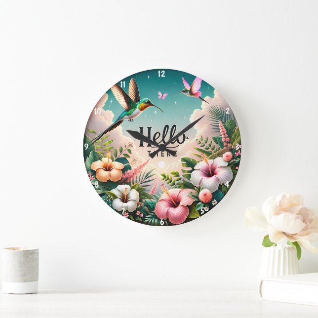 Grande Horloge Ronde Hummingbirds parmi les fleurs tropicales Bonjour l (Maison)