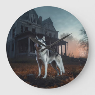 Grande Horloge Ronde Husky sibérien Halloween effrayant