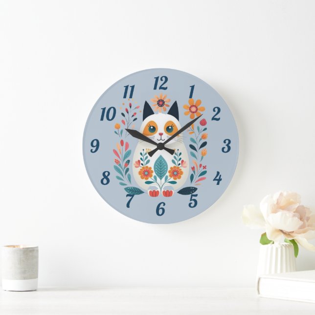 Grande Horloge Ronde Hygge Blanc Fleur Chat Art Folk (Maison)