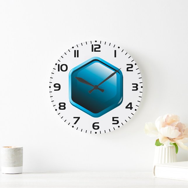 Grande Horloge Ronde Icône hexagonale bleue brillante Géométrique moder (Créateur téléchargé)
