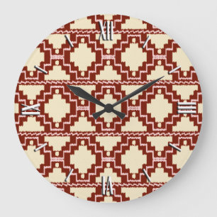 Grande Horloge Ronde Ikat Aztec Motif - Beige, Bourgogne et rose