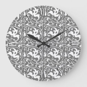 Grande Horloge Ronde Ikat floral damas - Gris et blanc