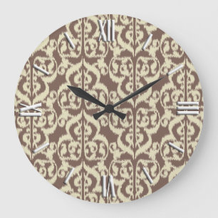 Grande Horloge Ronde Ikat Moorish Damask - beige et taupe