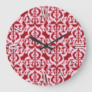 Grande Horloge Ronde Ikat Moorish Damask - rouge foncé et rose