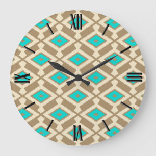 Grande Horloge Ronde Ikat Motif - Turquoise, Taupe et Beige