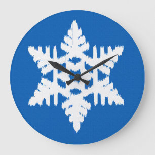 Grande Horloge Ronde Ikat Snowflake - Cobalt bleu et blanc