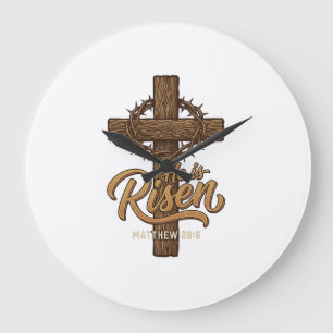 Grande Horloge Ronde Il Est Ressuscité Croix Couronne d'Épines Chemise